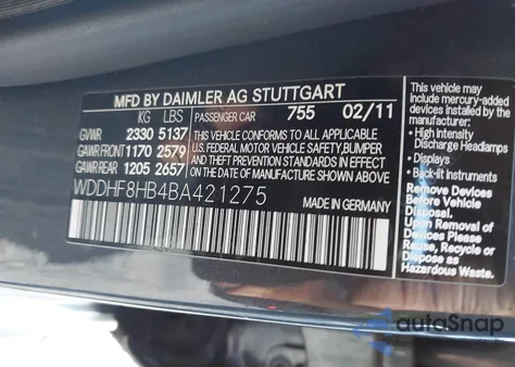 2011 Mercedes-Benz E 350 4Matic from USA, damaged, VIN WDDHF8HB4BA421275